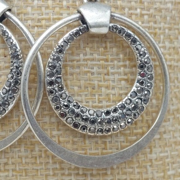 Silver Tone Double Hoop Earrings Marcasite Chip Hook Style 1.25" - Picture 3 of 7
